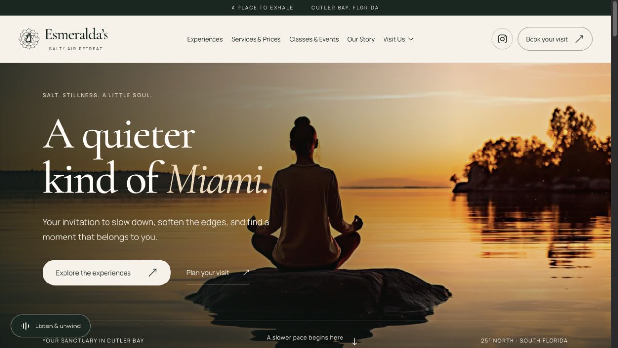 Esmeralda’s Salty Air Retreat website with a peaceful sunset and meditation scene