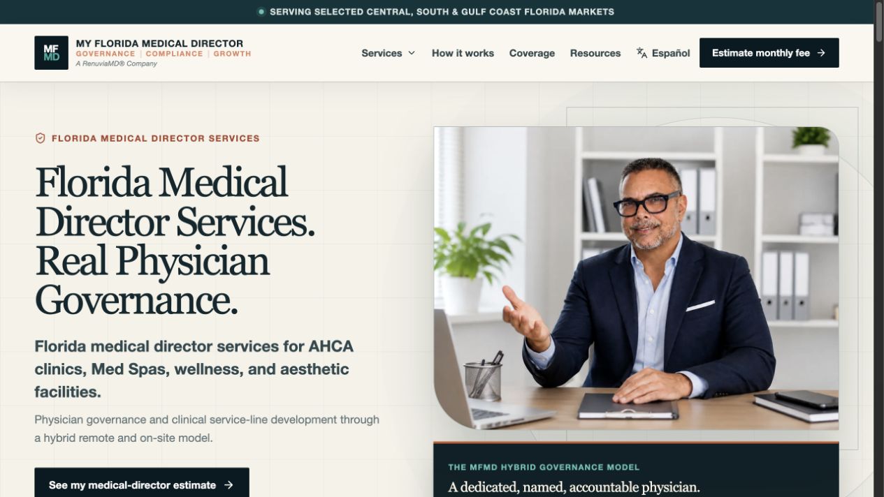 My Florida Medical Director website with its physician-led governance services